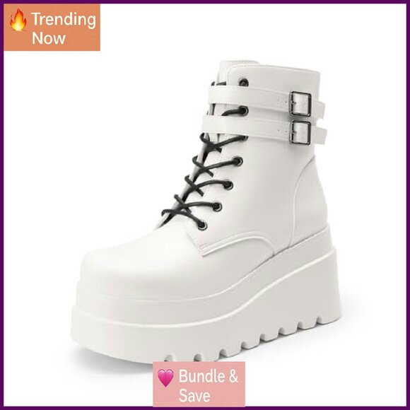 Platform Combat Ankle Boots Chunky Heel Lace Up Motorcycle Booties - Picture 2 of 8